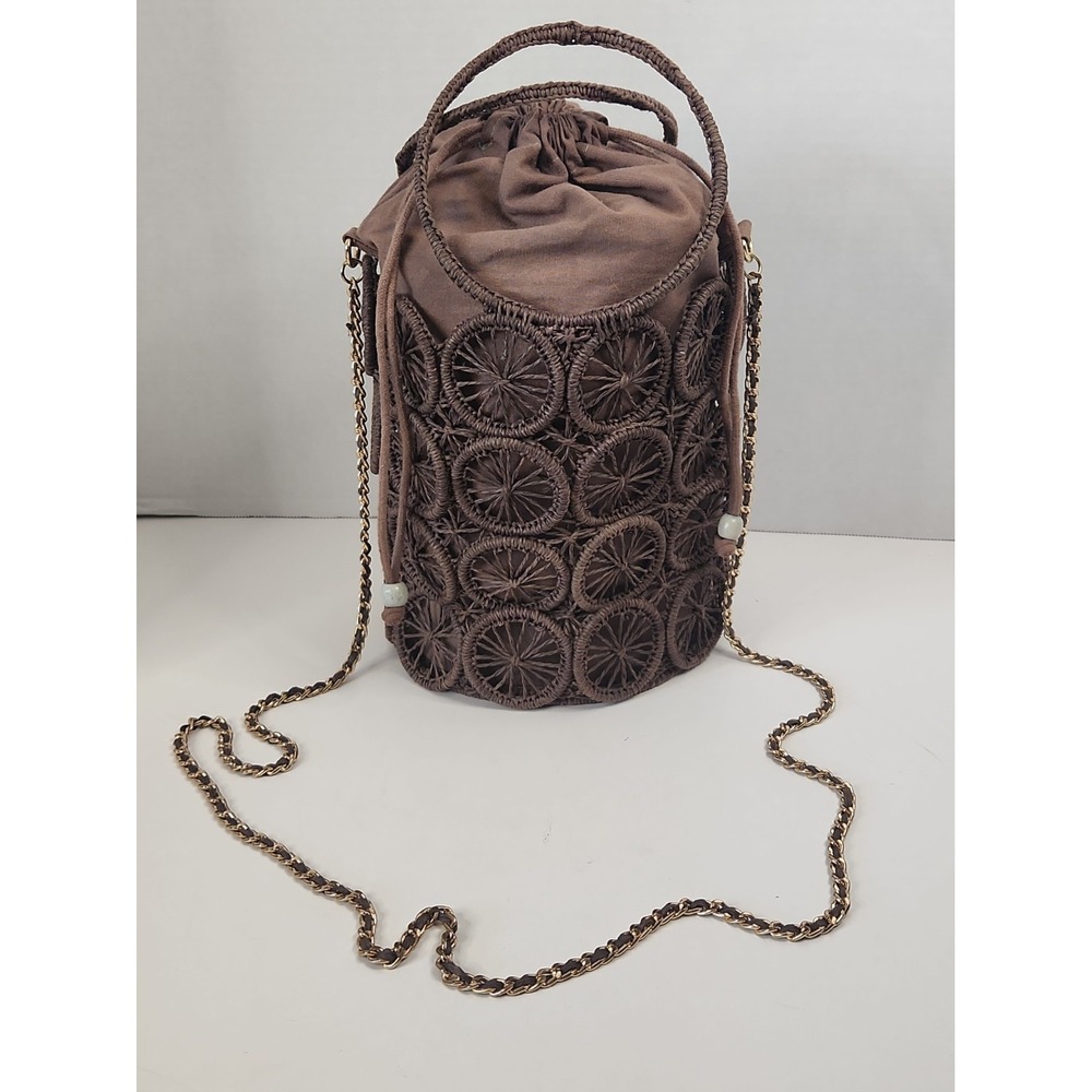 House of Harlow 1960  Macrame Circle Bucket Bag Boho Crossbody Dyed Brown- Read